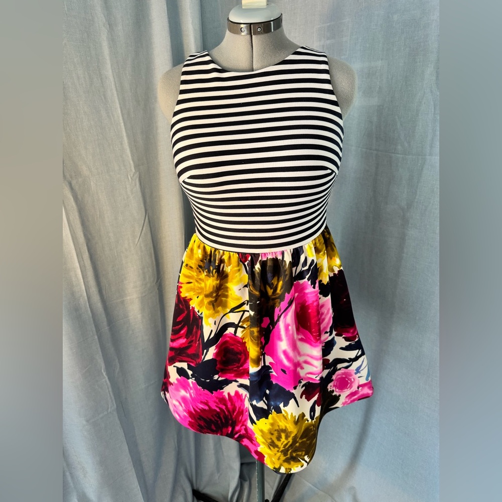 Taylor Navy and White Striped Dress with Floral Skirt